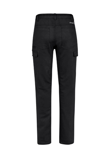 Black work pants featuring a cargo style with multiple pockets and an elastic waistband. Includes branding on the back.