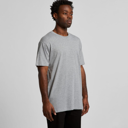A grey t-shirt displayed on a model, featuring short sleeves and a loose fit. The shirt has a logo on it.