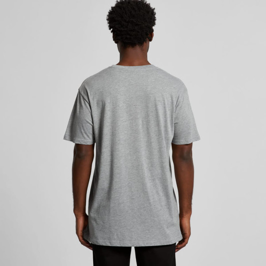 A grey basic t-shirt viewed from the back, featuring short sleeves and a plain design. It has a logo on the side.