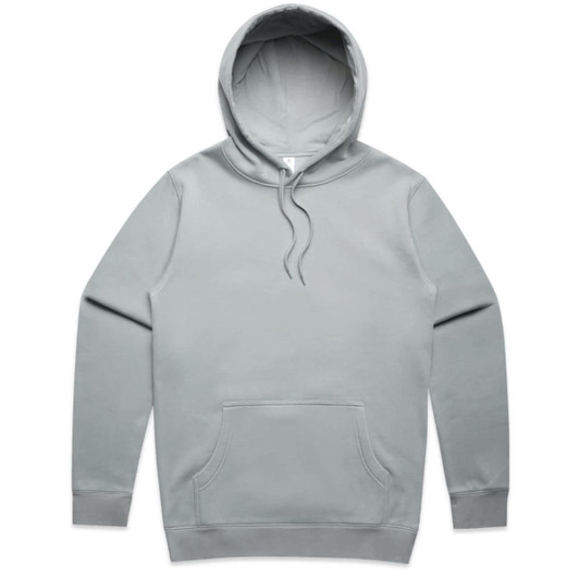 A grey hoodie with a front pocket and a large hood, featuring a logo on the label.