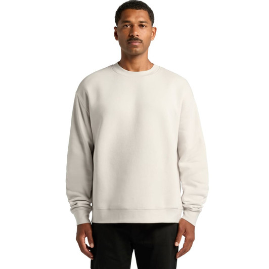 A light grey sweater featuring a crew neckline and long sleeves. It has a logo on the front.