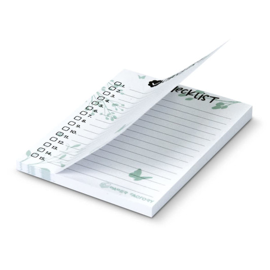 A recycled sticky pad in white with green accents, featuring 50 sheets and a checklist design.