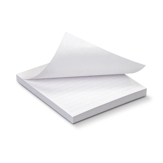A stack of white recycled sticky pads, measuring 70 x 75mm, featuring 50 sheets with a corner sheet lifted.