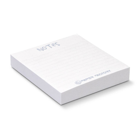 A white recycled sticky pad with 100 sheets, featuring a logo on the side.