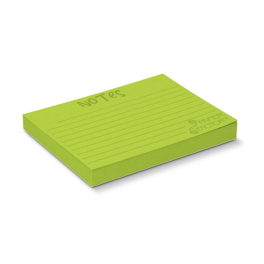 A green sticky pad with lines, sized 100 x 75mm, containing 100 sheets. It features a logo on the front.
