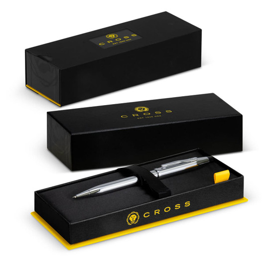 A grey Cross Century II ballpoint pen in a black and yellow branded gift box.