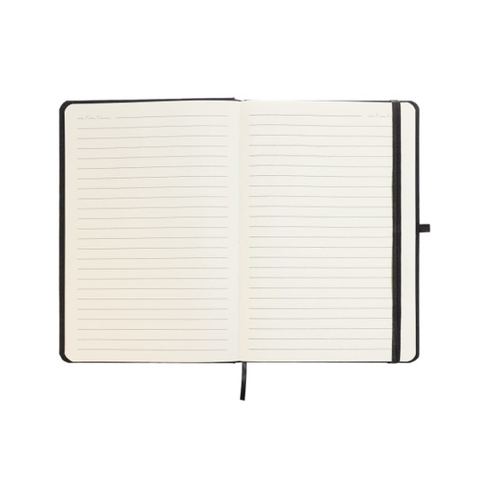 An open A5 notebook with lined pages and a black binding.