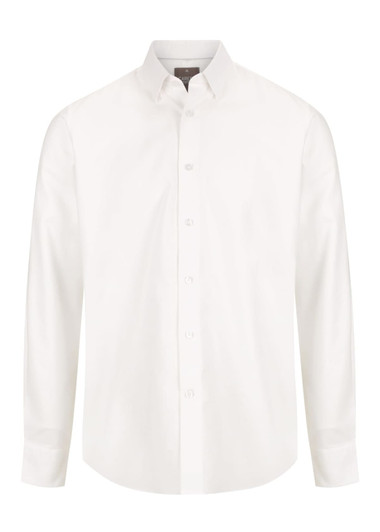 A white button-up shirt with long sleeves and a collar, featuring a branded logo.