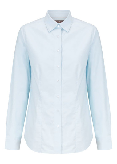 A light blue cotton button-up shirt with long sleeves and a classic collar design, featuring a logo.