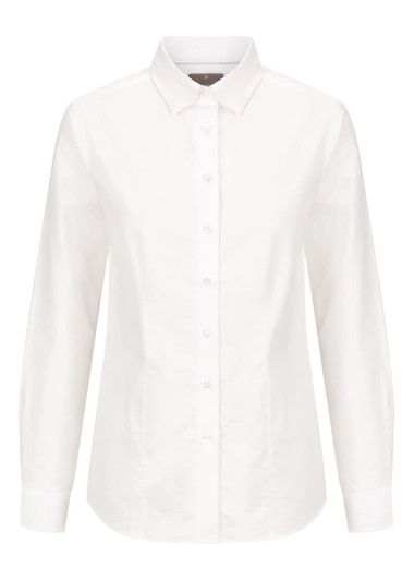 A white button-up shirt with a collar and long sleeves, featuring a logo on the chest.