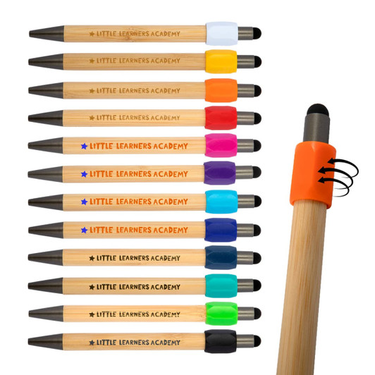A collection of wooden pens in various colours, with a logo and a stylus tip on one pen.