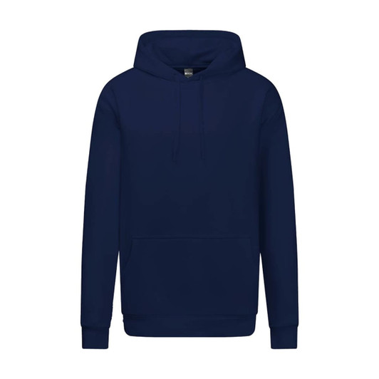 A navy blue heavy weight hoodie with a front pocket and a hood, featuring a logo.