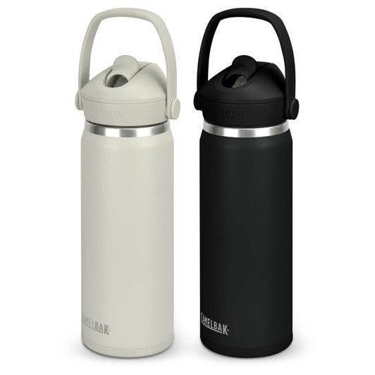 A drink bottle set featuring a light beige and a black colour option, both with a flip straw and carry handle.