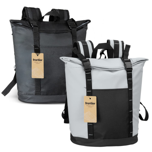 A cooler toting backpack in grey and black, featuring adjustable straps and a front pocket, with branding.