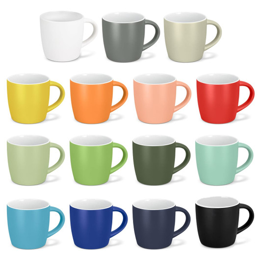 A collection of assorted coffee mugs in various colours, including white, grey, yellow, orange, pink, red, green, and blue. Each mug has a handle and some feature a logo.