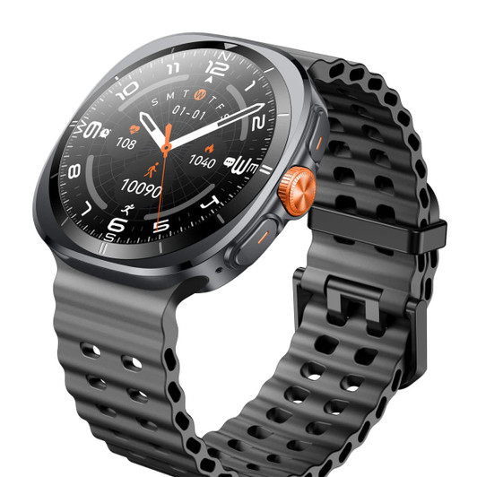 A smart watch with a black and grey band, featuring a digital display and an orange accent button. It has a logo on the dial.