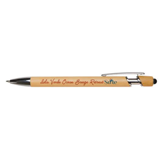 A bamboo pen with a black tip and clip, featuring a logo and engraved text in red.