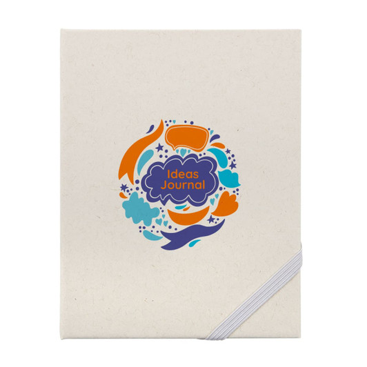 A cream-coloured journal with an illustrated design featuring colourful shapes and the text "Ideas Journal."