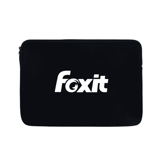 A black laptop sleeve featuring a white logo. The sleeve has a zip closure and is sleek in design.