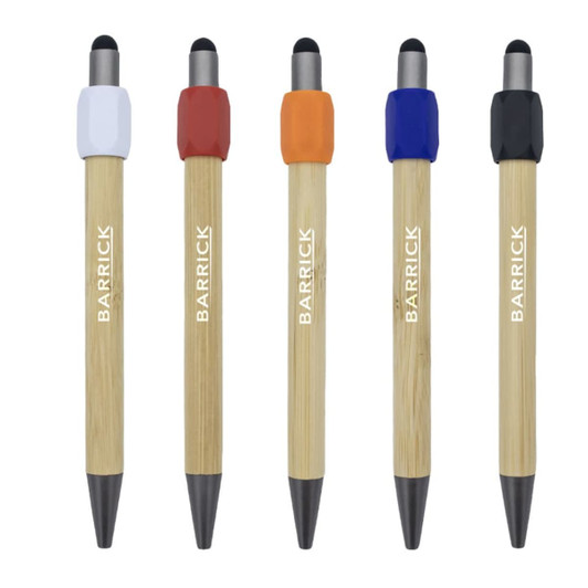 A set of five Harley Bamboo Spinner Pens featuring bamboo barrels with coloured rubber grips in white, orange, blue, and black.