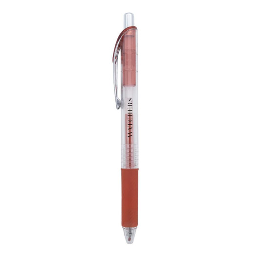 A gel ink pen with a transparent barrel, featuring a pink-red grip and a silver clip. It has a logo on the barrel.