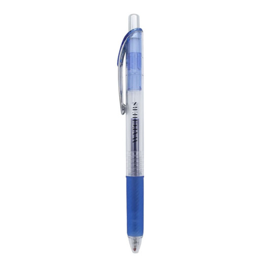 A colourful gel ink pen in blue with a clear barrel and a textured grip, featuring a logo on the side.