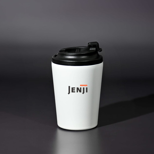 A drink bottle with a white body and black lid, featuring a logo on the front.