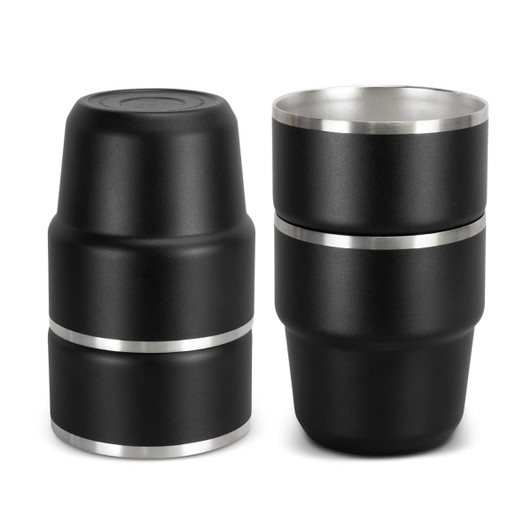 A set of two stackable cups in matte black with a silver band. Each cup has a sleek, modern design.
