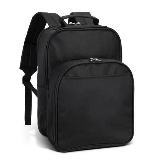 A black picnic backpack featuring multiple compartments and adjustable straps. It has a logo on the front.