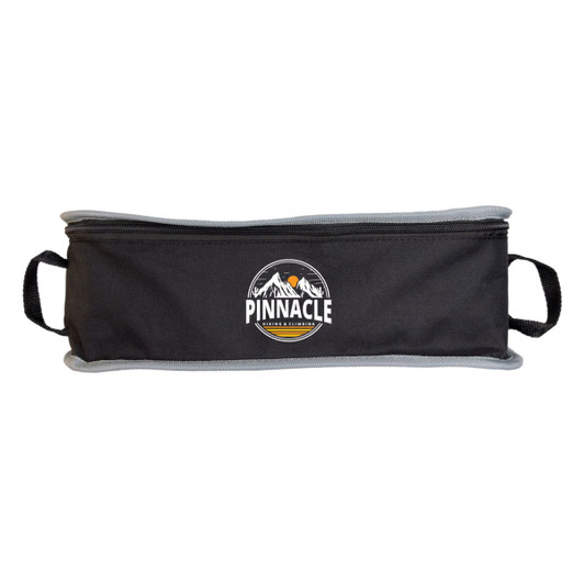 A black carry bag with grey trim and handles, featuring a circular logo with mountains.