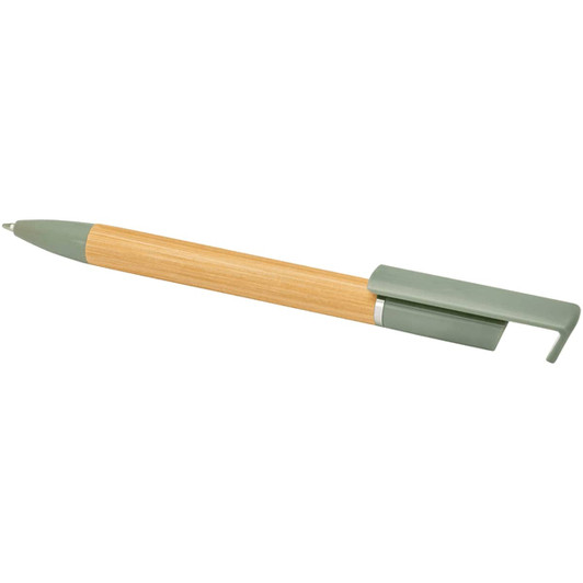 A bamboo pen with a green cap and clip. It features a sleek design and includes a logo.