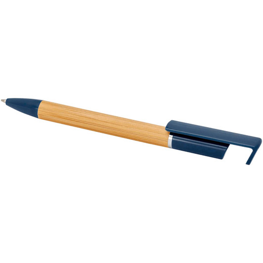A bamboo pen with a blue cap and clip. The pen features a silver accent and a branded logo.