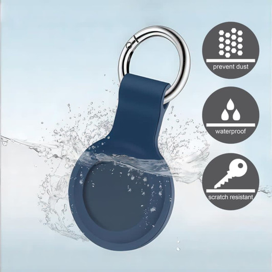 A blue silicone Airtag case with a keyring, featuring a waterproof design and scratch-resistant surface.