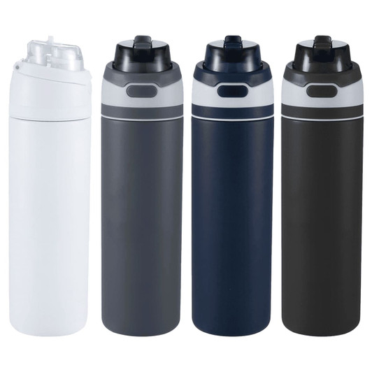A drink bottle set featuring four recycled stainless steel bottles in white, grey, navy, and black, each with a flip straw lid.