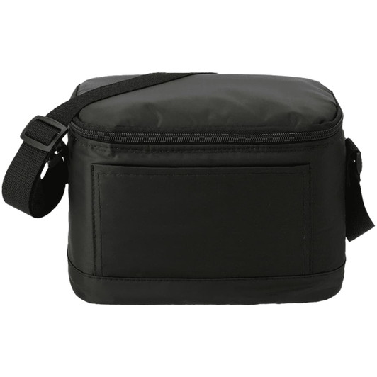 A black insulated lunch bag with a zip closure and adjustable strap, featuring a logo on the side.