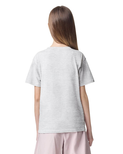 A light grey youth t-shirt displayed from the back, featuring a logo.