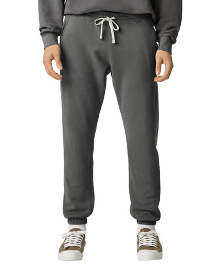 A pair of grey lightweight sweatpants with an elastic waistband and drawstring, featuring pockets and a logo.