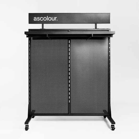 A black display gondola with a mesh design and a branded top sign. Ideal for exhibitions and events.