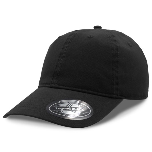 A black cap with a curved brim and an adjustable strap at the back, featuring a logo on the side.