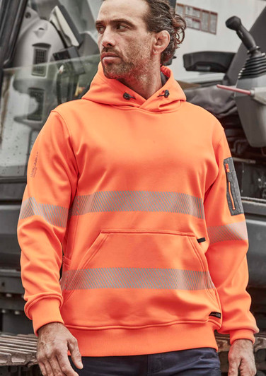 Unisex water-resistant hoodie in bright orange with segmented reflective tape and a logo on the sleeve.