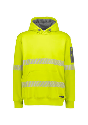 A bright yellow unisex hoodie featuring segmented reflective tape and a grey lining. Includes a logo on the sleeve.