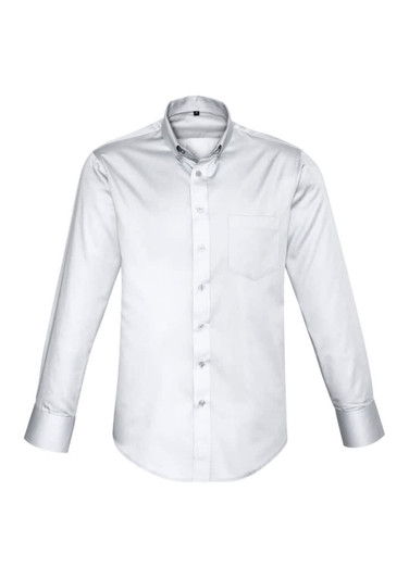 A white long sleeve shirt featuring a button-down collar and a chest pocket. It has a logo on the fabric.