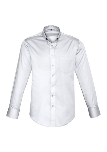 A white long sleeve button-up shirt with a single chest pocket and a collar, featuring a logo.
