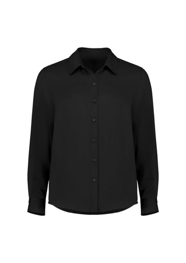 A black long sleeve shirt with a collared neckline and button-down front. It features long sleeves and a relaxed fit.