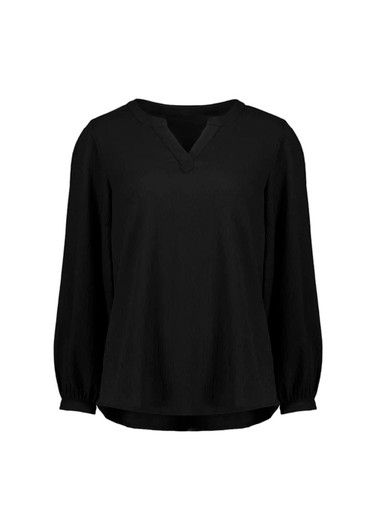 A black women's long sleeve blouse with a V-neck and gathered sleeves, featuring a subtle logo.