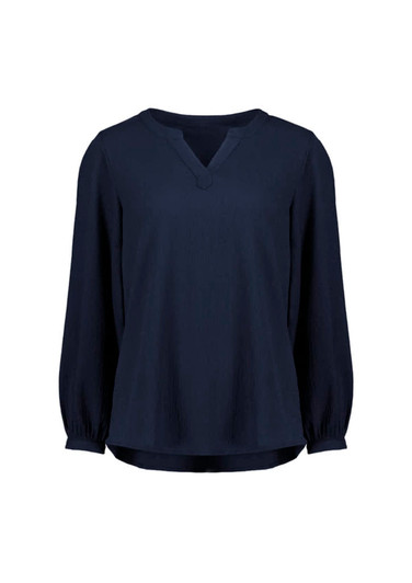 A women's long sleeve blouse in navy blue with a relaxed fit and ruché detailing at the sleeves.