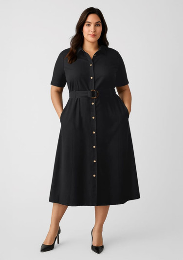 A black midi dress with a button-down front, short sleeves, and a belt at the waist. It features side pockets.
