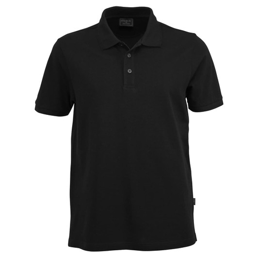 A black polo shirt with a collar and buttons, featuring a logo on the side.
