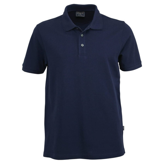 A navy blue men's polo shirt featuring a classic collar and three-button placket, with a logo on the tag.