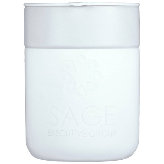 A drink bottle featuring a white ceramic design with a silicone wrap and an embossed logo.